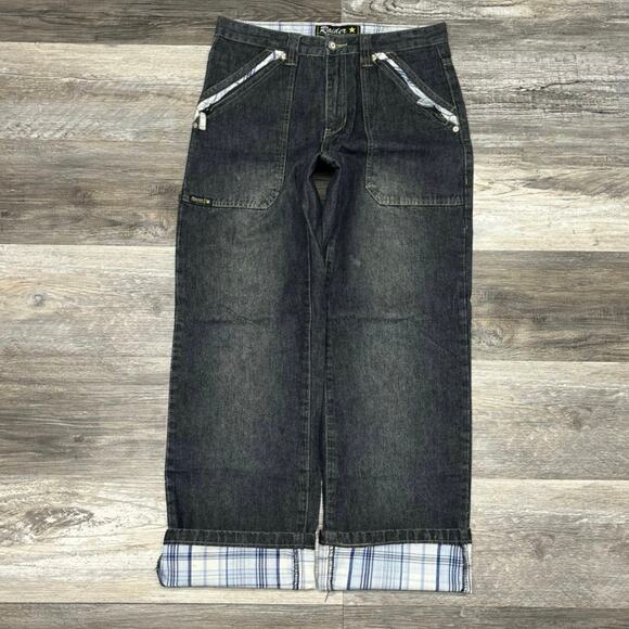 Vintage Raider Infamous Blue Dark Wash Womens‎ 16 Plaid Trim Straight Leg Jeans - Picture 1 of 13